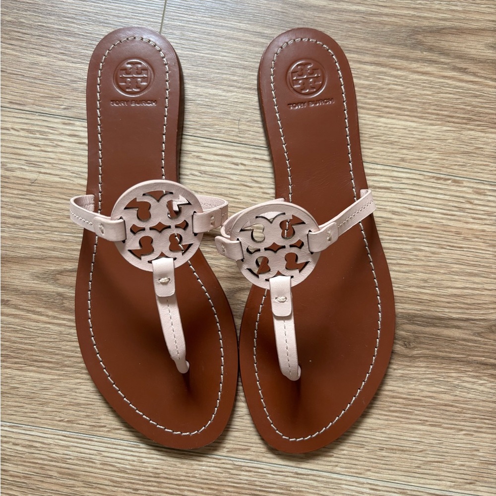 Tory Burch Brown and Pink Sandals with Signature Medallion